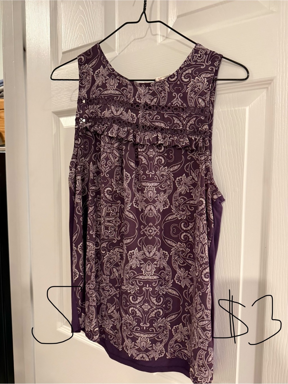 Sleeveless Purple Paisley Ruffle-Trim Women's Top